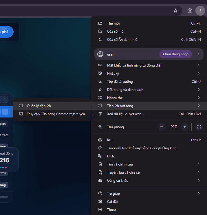 Chrome menu open on Extensions, with Manage Extensions selected
