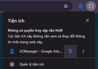 Chrome’s Extensions menu with the pin button next to AZManager - Google Ads Manager